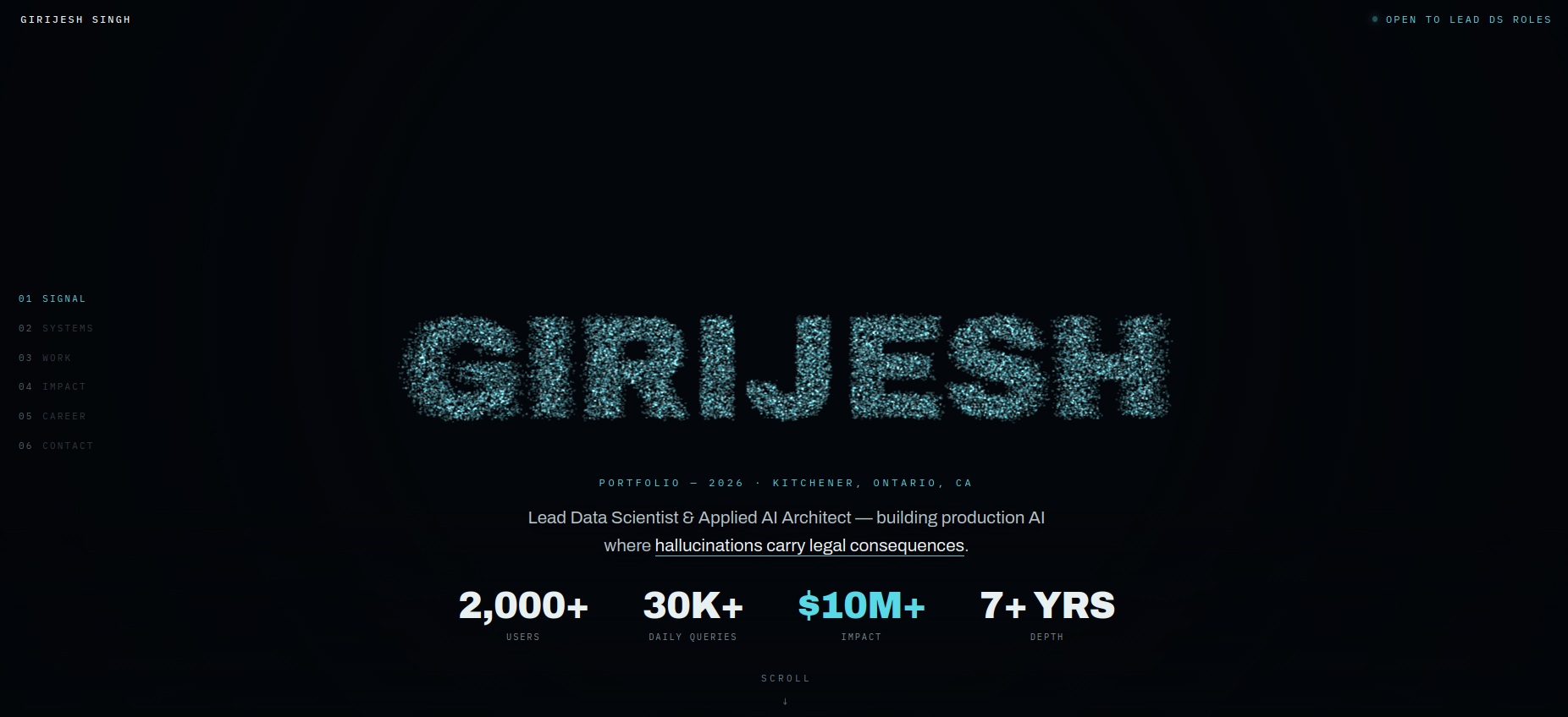 The portfolio hero: particles forming the word GIRIJESH